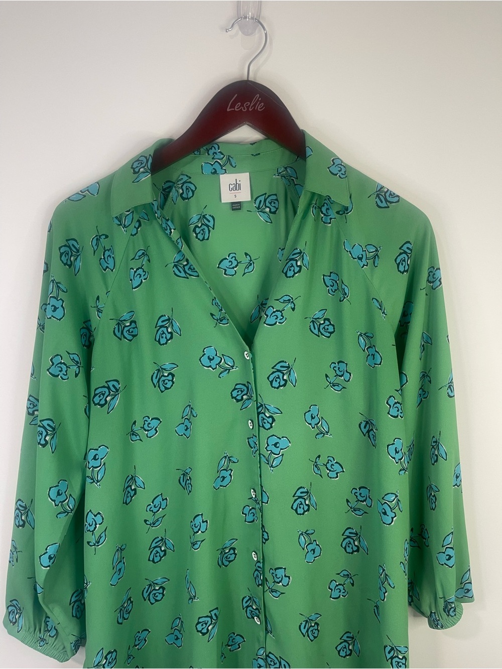 CAbi Green Button-Down Blouse with Blue Floral Print - Picture 7 of 11